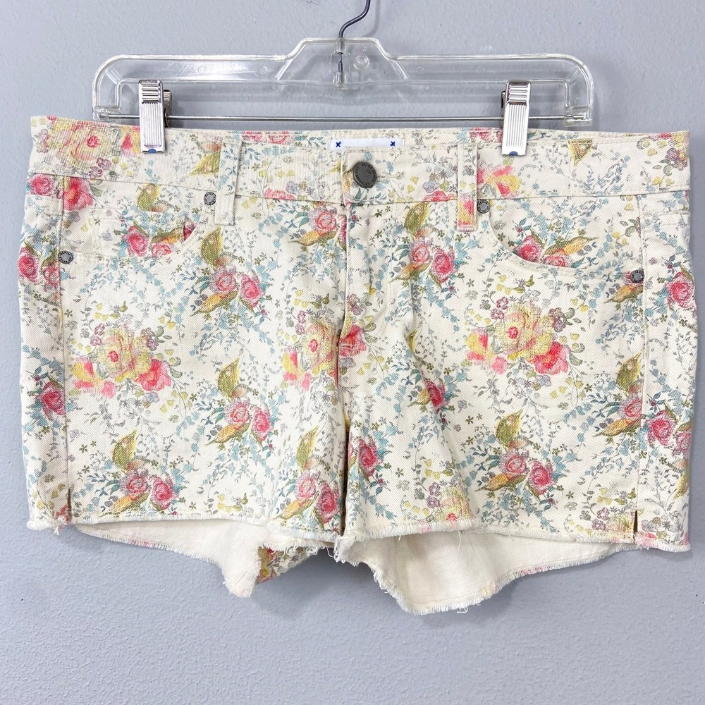 PAIGE Denim Shorts Womens Size 31 Floral Cream Pink Green Frayed Hem Cutoffs